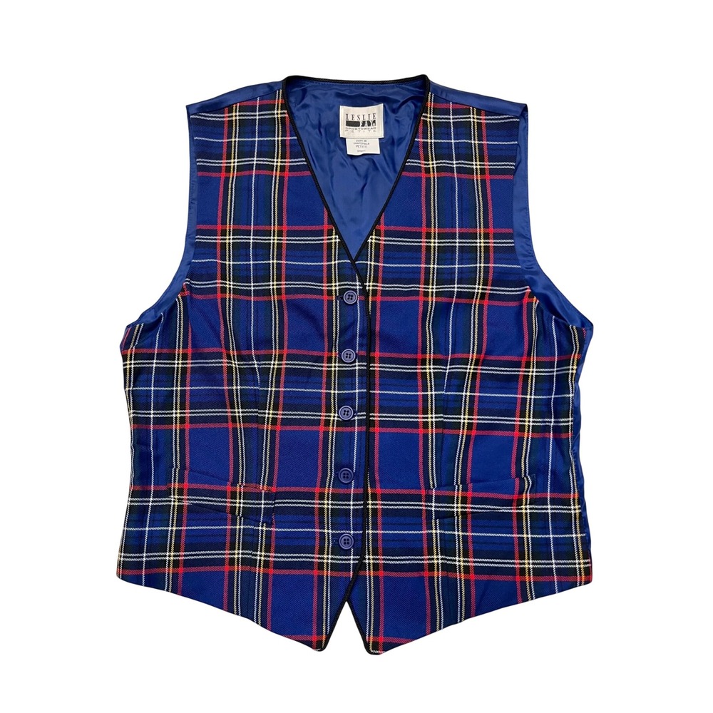 Leslie Fay Sportswear Vintage Blue Yellow Pink Plaid Button Front Vest Size SP